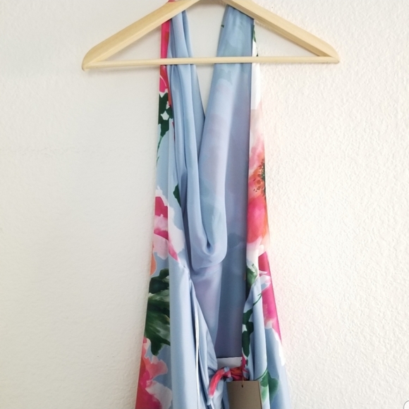 ADE' Floral Halter Asymmetric High Low Maxi Dress Size 6 Baby Blue Pink - Picture 7 of 9